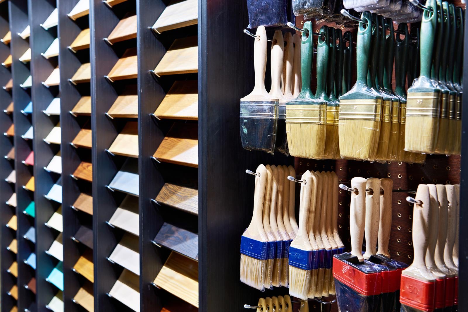 DIY store product display with brushes and finishing materials